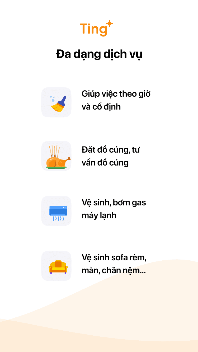 App Ting — đa dạng dịch vụ: giúp việc, đồ cúng, vệ sinh máy lạnh, sofa