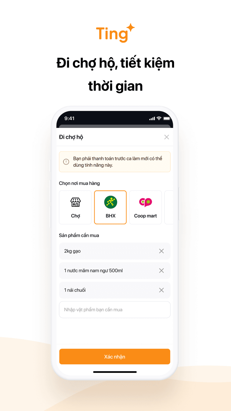 App Ting — đi chợ hộ, chọn nơi mua hàng và danh sách món