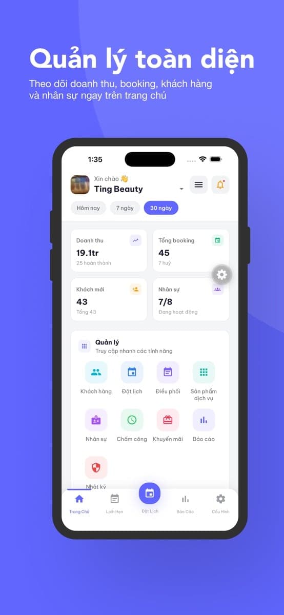 App Ting Beauty — trang chủ quản lý doanh thu, booking, khách hàng