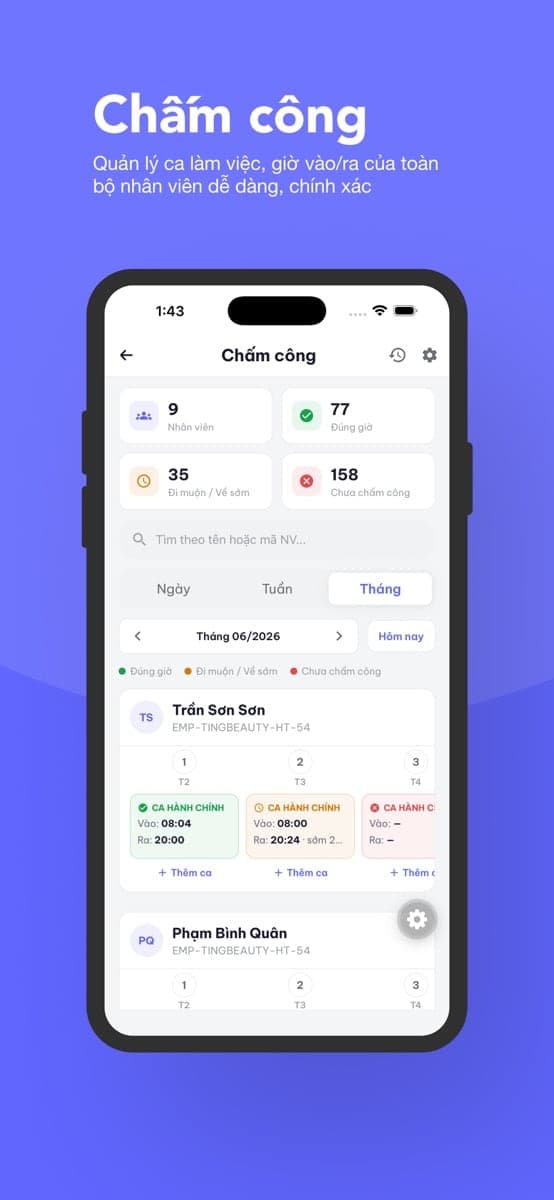 App Ting Beauty — chấm công ca làm việc của nhân viên
