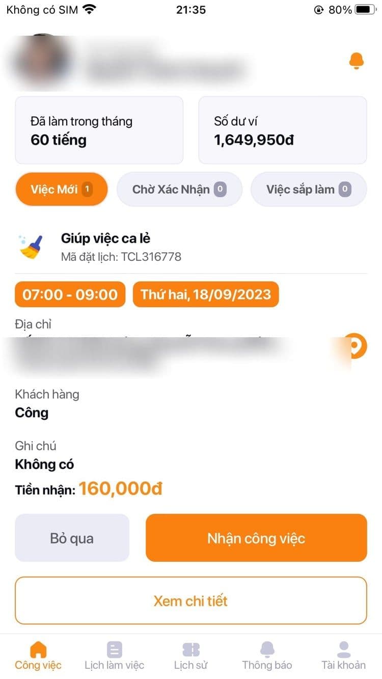App Ting Partner — thẻ việc mới với giờ làm, ghi chú và tiền nhận