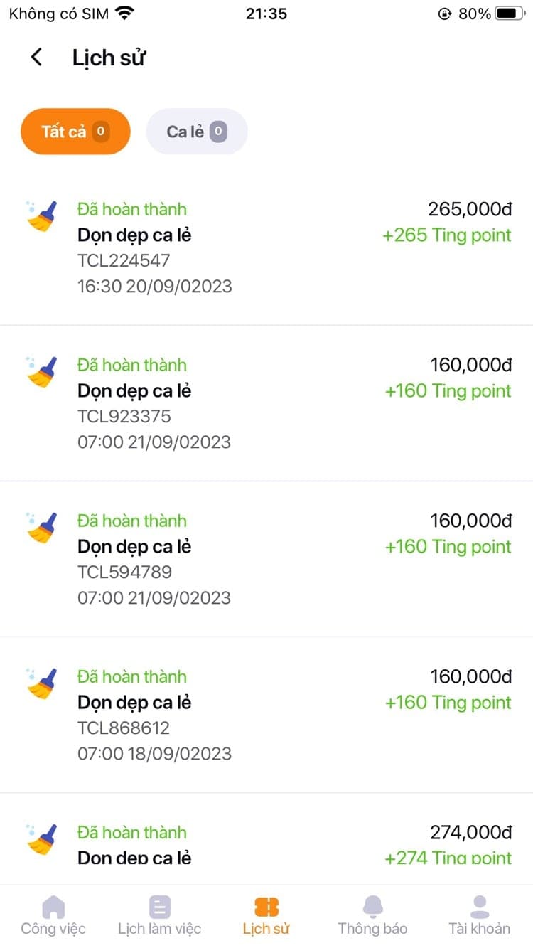 App Ting Partner — lịch sử công việc đã hoàn thành và Ting point