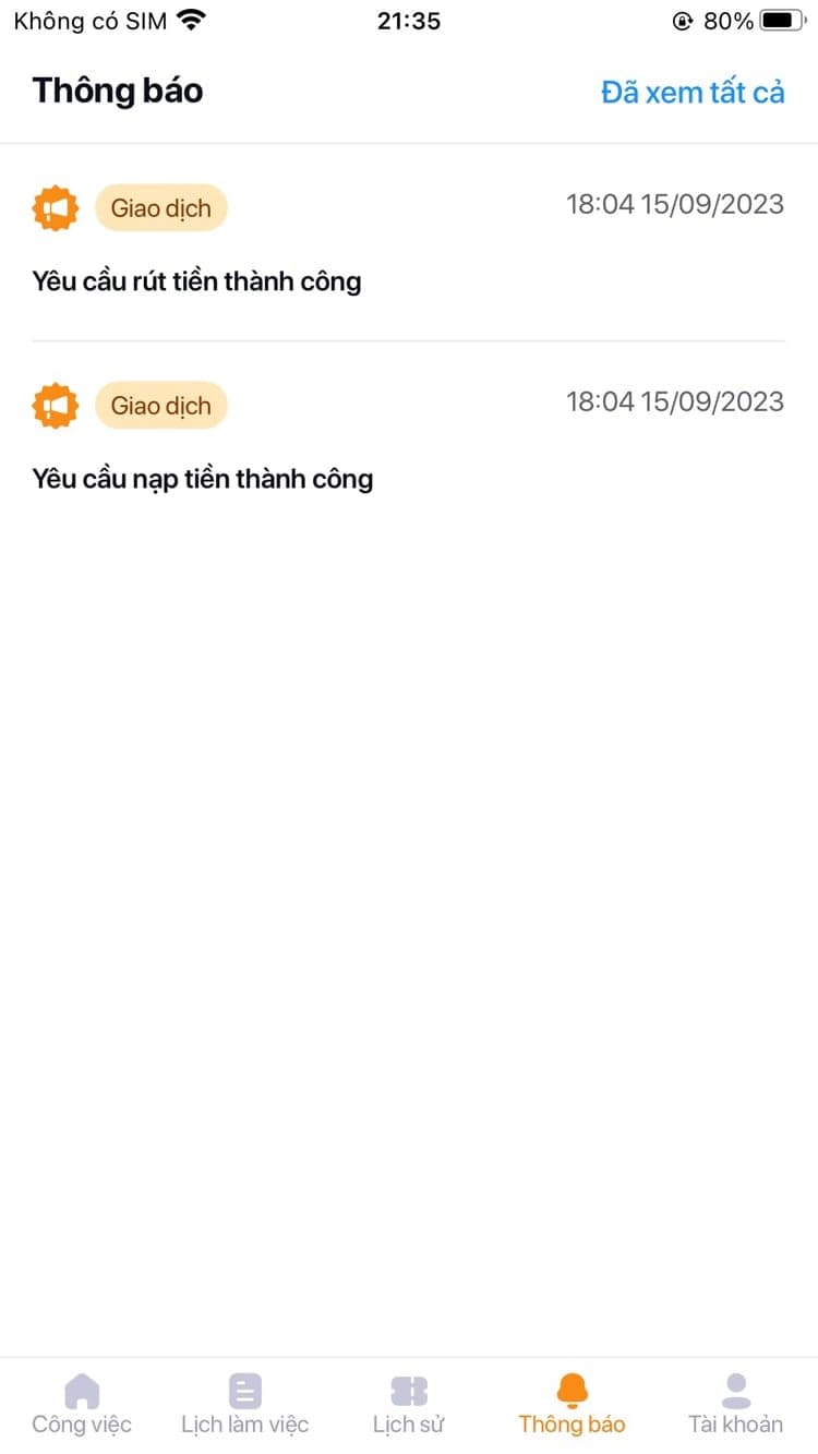 App Ting Partner — thông báo giao dịch ví