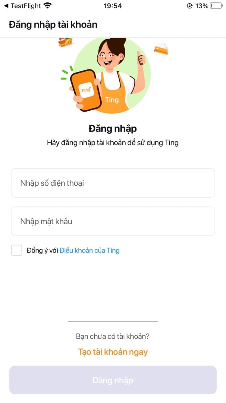 App Ting Partner — màn hình đăng nhập cộng tác viên