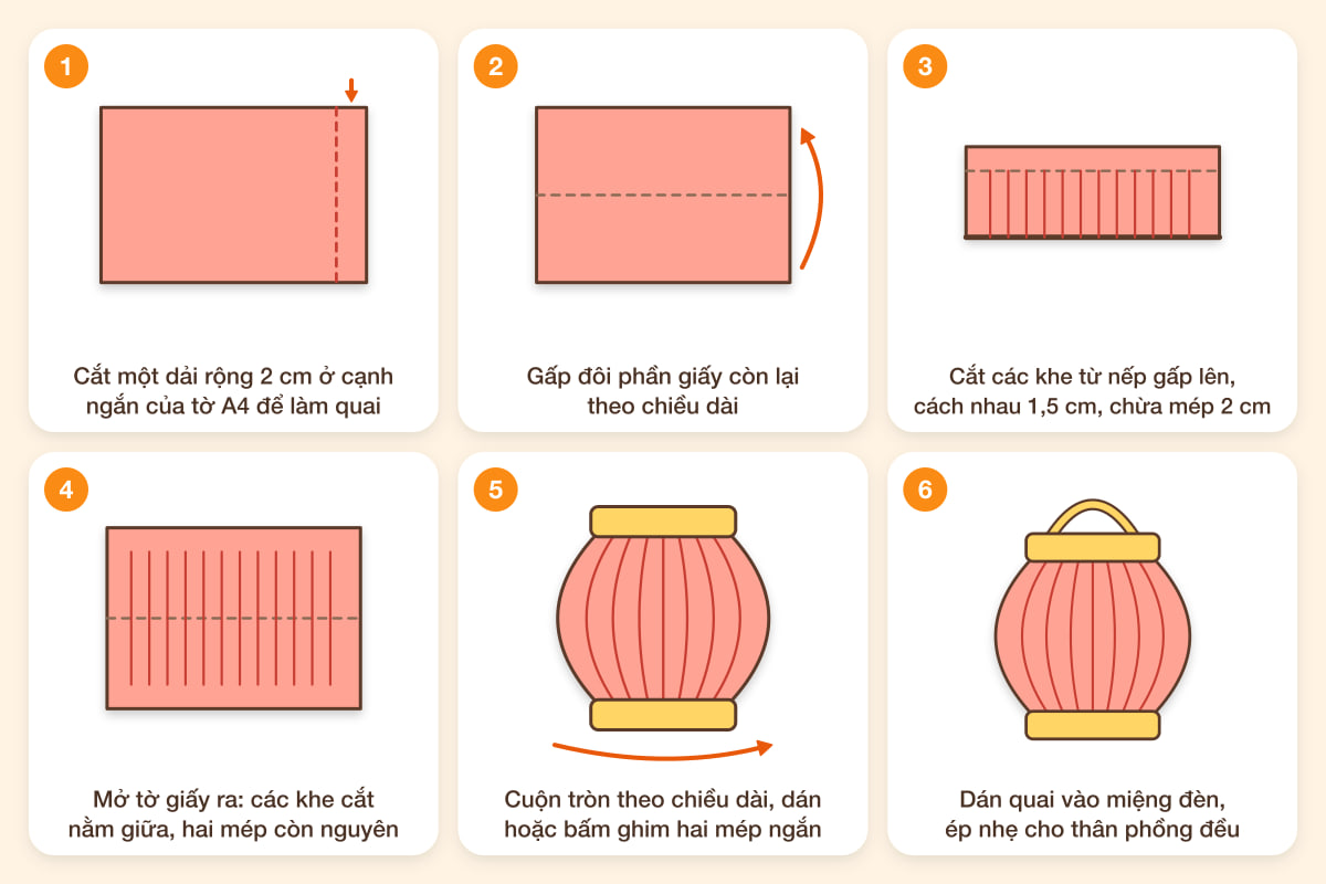 Sơ đồ 6 bước làm đèn lồng giấy từ một tờ A4